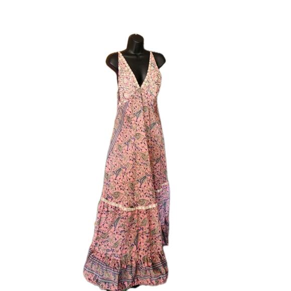 Made In India Silk Maxi Dress Pink Paisley Floral Strappy Boho Size Large (12) - Picture 1 of 16